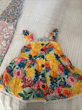 Girls Yellow Floral & Lemon Print Sundress with Button Front